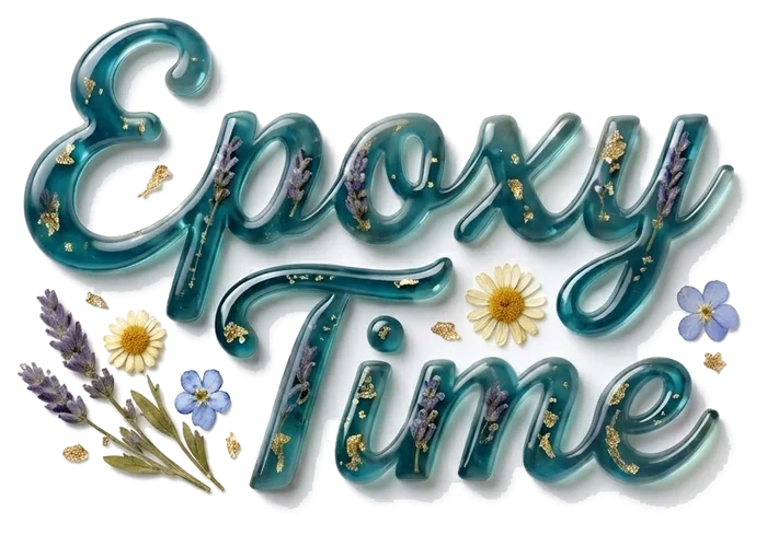 יצירת אפוקסי Epoxy Time - אותיות רזין בגוון טורקיז עם פרחים מיובשים ופתיתי זהב